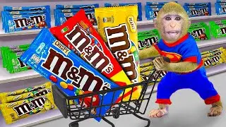 Monkey Banana Bim Bim do shopping M&M Candy at the supermarket and goes to the toilet