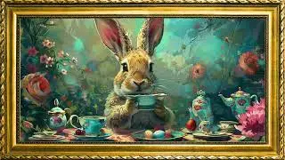 4K Vintage Bunny Free Framed TV Art Screensaver | Easter Bunny Tea Party | 3 Hours | No Sound