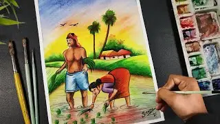 Watercolor scenery painting,  Farmer drawing scenery,  Easy Step By Step | Sanju Arts