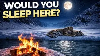 Winter night ambience | meditative | cosy | snowy winter river | relaxing asmr sleep | snow leopard