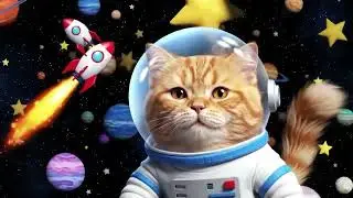 Orange Cat as a Tiny Astronaut Floating in Space