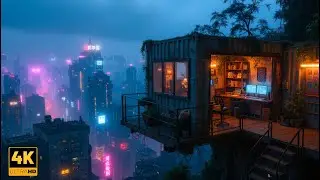 Cyberpunk Rainy Night &ndash; A Sky-High Neon Workspace &ndash; Rainy Lo-fi Beats | Night City Ambience | 4K