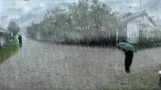 Walking in Violent Rainstorm with Strong Wind and Thunder in Remote Village Night ASMR 4K Video 247