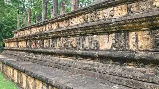 Stone carving in base relief style on the ancient Coucil Chamber, Polonnaruwa, Sri Lanka