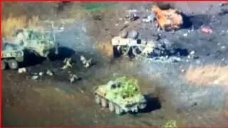 Hard moments of invaders after their military equipment is ambushed and burns -  Drone footage