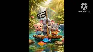 Baby elephant, rhino and pig sailing rafting in sea surrounded by shark, big elephants & crocodile