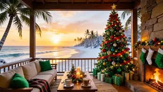 Christmas Porch by the Winter Sea ❄🎄 Christmas Music with Fireplace Sounds & Ocean Waves for Relax