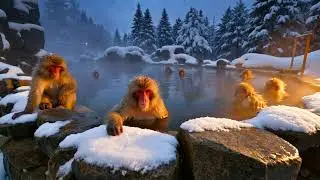 A group of adorable Japanese snow monkeys (macaques) luxuriously relaxing. #shorts #shortvideo