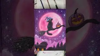 Learn to paint Cat on a Broomstick for Halloween! #halloweendecor #paintingtechniques