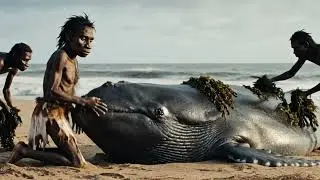 Life Million Years Ago Primitive Humans Rescue a Beached Sperm Whale Covered in Barnacles