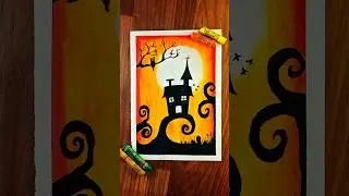 Haunted House Silhouette Art 🌕 | Spooky Sunset Oil Pastels Drawing