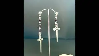Gothic Blood & Swords Earrings - Red Garnet Stone & Silver Tone Sword Asymmetrical  Gothic Jewellery
