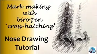 Nose Drawing with mark making cross-hatching with pen and ink | Black biro easy nose drawing.