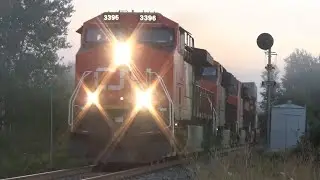 Early Morning Stack Train CN 120 approaching Memramcook, NB at Track Speed