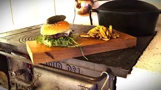 Smashed Wildboar Burger. Swedish woodstove.