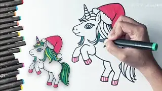 Santa Unicorn | Easy unicorn drawing tutorial | Santacorn (How to draw/color unicorn for Christmas)