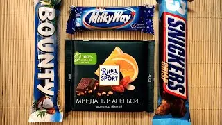 BOUNTY, SNICKERS crisp, RitterSPORT and MilkyWay. ASMR