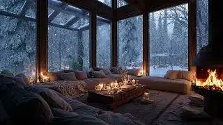 Cozy Living Room Ambience with Snowy Mountain View, Crackling Fireplace and Calm Winter Wind Sounds