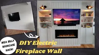 DIY Electric Fireplace TV Shiplap Accent Wall (English) | IKEA Billy Bookcase Hack | Take Two Vlogs