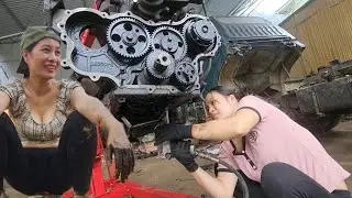 Genius girl alone repairs and replace engine parts for dump trucks. shocked all. Mechanic girl TQ.