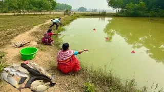 Fishing video || incredible three lady & man catching hook fishing in village big pond #fishing