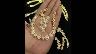 Gold finish -  White AD Stones Studded Necklace - Floral design - With matching Earrings