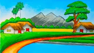Village Landscape Drawing | A Peaceful Rural Scene with Oil Pastels Step by Step 