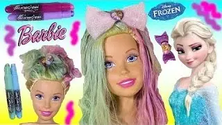 Barbie FROZEN Makeover! Barbie Gets Anna Elsa Inspired Hair with Hair Chalk! Hair Accessories! FUN