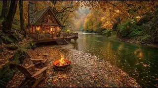 Peaceful Autumn Morning Cabin by the River | Cozy Firepit & Nature Sounds for Relaxation