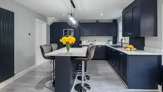 Dark Blue Shaker Kitchen with Grey Herringbone Worktops