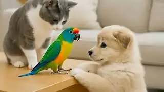 Adorable Cat and Puppy Meet a Cute Bird for the First Time