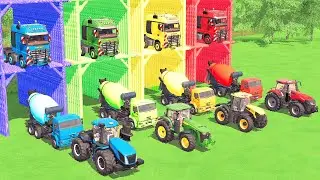 Trucks With COLORS - KAMAZ MIXER TRUCK and TRACTORS  with MAN FLATBED TRAILER TRUCK