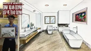how to draw a Bathroom in one point perspective (vẽ ph&ograve;ng tắm) architecture daily sketches