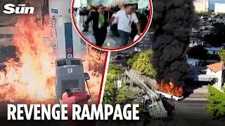 Terrifying moment machine gun cartel BURN DOWN busy gas station in revenge for El Mencho death