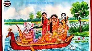 Durga Puja Drawing|Maa Durga Drawing|Durga Puja Scenery Drawing With Watercolor Step By Step