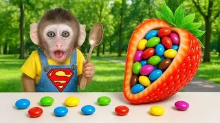 Обезьянка Фуфу ест разноцветные конфеты из гигантской клубники в парке! | Обезьянка Фуфу