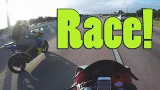 Yamaha R1 vs GSXR Highway Race! -  Spotted by Cop