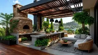 🌴 Modern Tropical Outdoor Kitchen & Dining Oasis | Brick and Concrete Design for Luxury Outdoor
