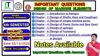 Design of Machine Elements|| Important Questions with Answers|| 6th Semester || Diploma | Mech. Eng.