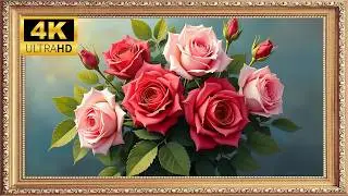 Elegant Red & Pink Roses in Vintage Gold Frame | Feng Shui TV Art for Passion & Harmony [4K UHD]
