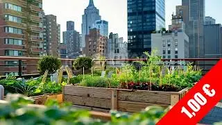 Rooftop Community Garden with City Skyline &mdash; HD Stock Footage