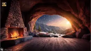 4K Cozy Cave Fireplace 🔥❄️ | 3 Hours Snowfall Outside & Warm Fire Sounds for Sleep & Relax