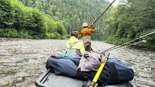 Polling a 26&rsquo; cedar canoe down river fully loaded in pursuit of Atlantic Salmon. #atlanticsalmon 