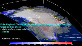 Simulated Greenland ice sheet daily surface mass balance together with clouds during July 2012.