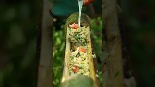 🤯🤤 Omelette cooked in BAMBOO over fire!🔥✨ #JungleFood #Shorts#villagelife