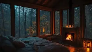 Soft Forest Rain & Crackling Fire in a Cozy Cabin for Deep Sleep & Relax