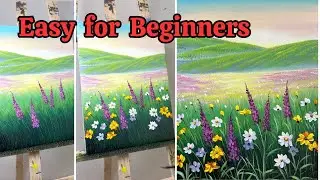How to Paint a Sunrise Meadow with Wildflowers - Acrylic Landscape Tutorial for Beginners