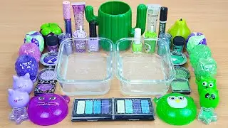 PURPLE vs GREEN SLIME Mixing makeup and glitter into Clear Slime Satisfying Slime Videos