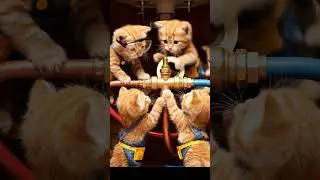 Kittens in overalls fix pipe just now, showcasing teamwork, playful curiosity