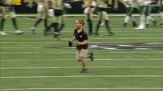 Young Saints fan got the chance to retrieve the kickoff tee and he tried his best! ❤️